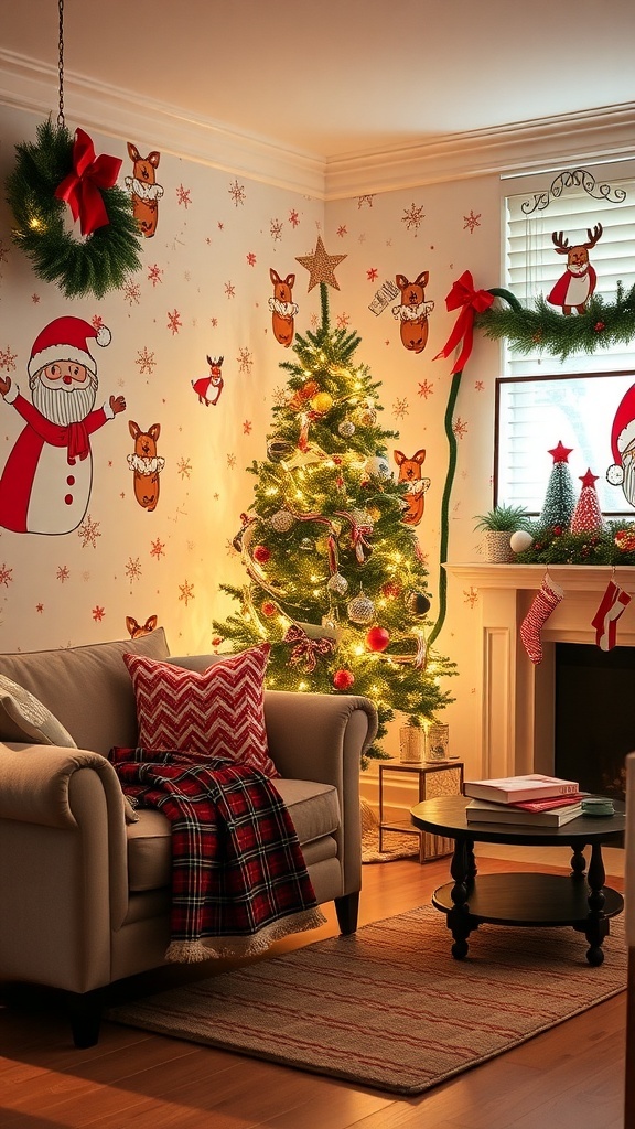 A festive living room with cute Christmas wallpaper art, decorated tree, and holiday decorations.